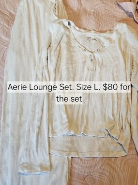 aerie Cream Ribbed Henley Long-Sleeve Top And Wide Leg Pants